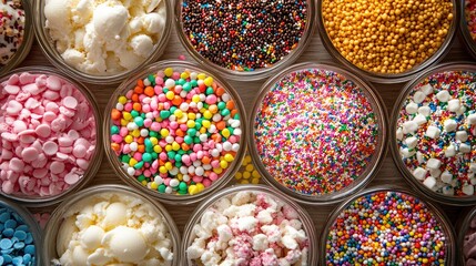 Variety of Ice Cream Toppings in Bowls with Colorful Sprinkles and Candies