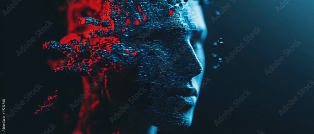 Aufkleber glitch effect creating distortion with vibrant red and blue hues on a dark background