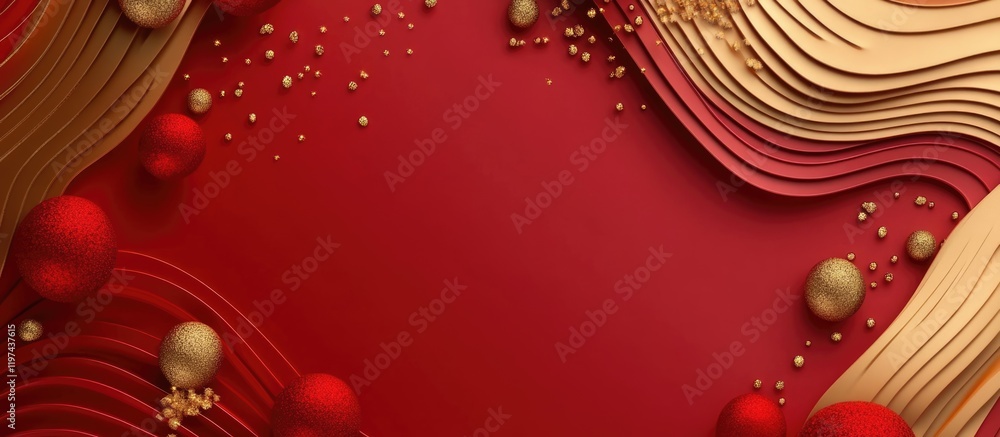 Poster Abstract red background with flowing golden wave patterns and decorative spheres, featuring ample copy space for text placement.