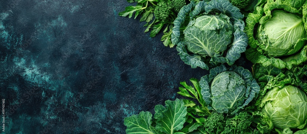 Poster fresh green cabbages arranged on a dark textured background with ample copy space for text placement