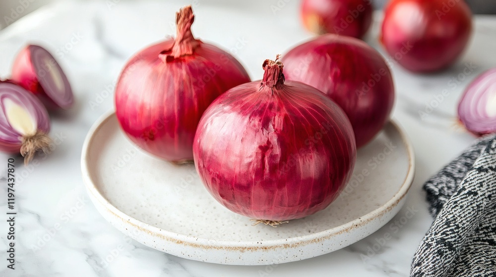 Poster isolated of a single onion on a white plate with a minimalist style stock photo with side copy space