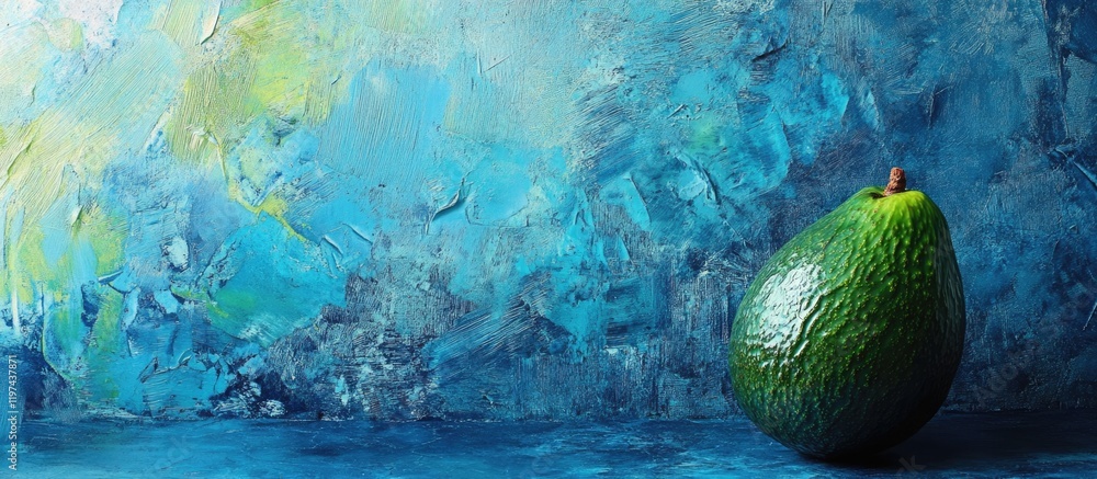 Poster avocado on vibrant blue textured background with copy space for text