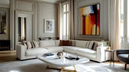 Fototapeta premium A luxurious living space featuring an elegant white sofa, marble coffee table, and abstract art on the walls.
