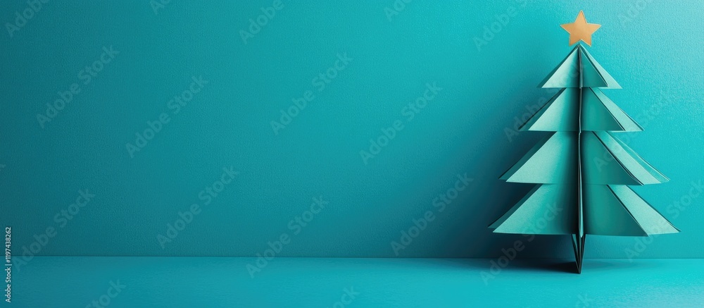 Poster minimalistic teal background with a 3d paper christmas tree and a star on top copy space for holiday