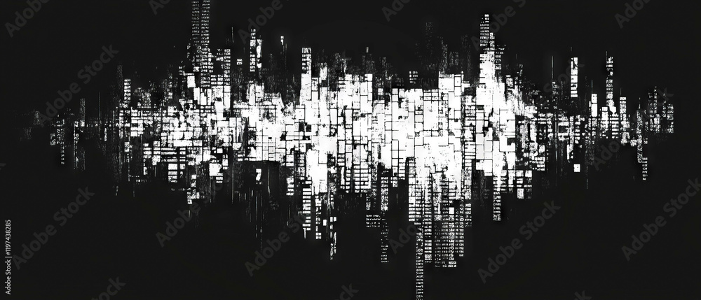 Poster glitch text composed of distorted letters creating a digital error effect in monochrome