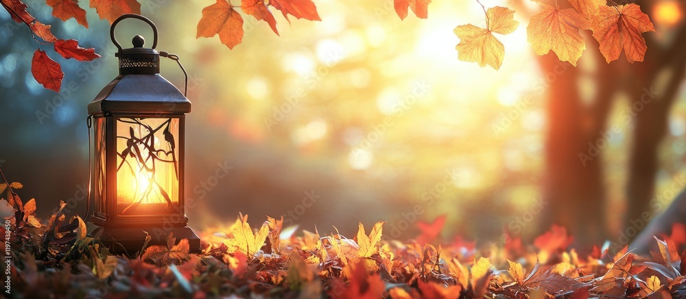 Poster warm autumn scene with glowing lantern surrounded by colorful fallen leaves and soft golden light fi