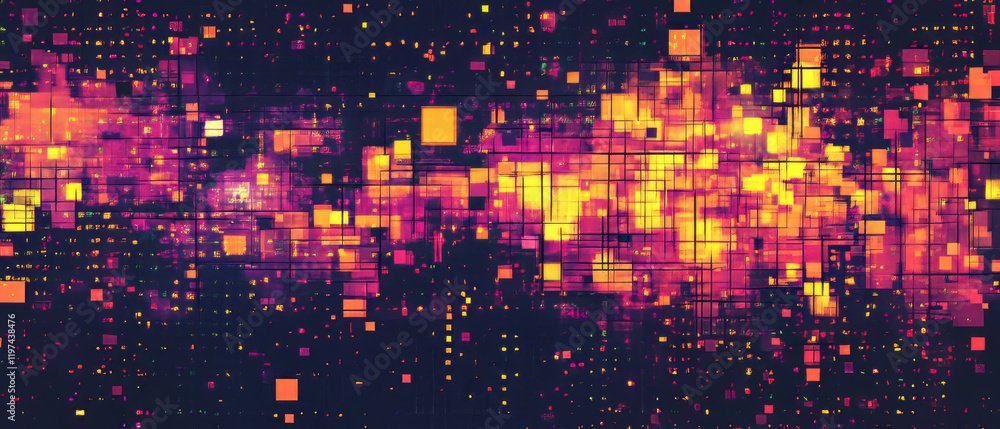 Poster dynamic abstract patterns with vibrant glitch textures creating digital noise visuals