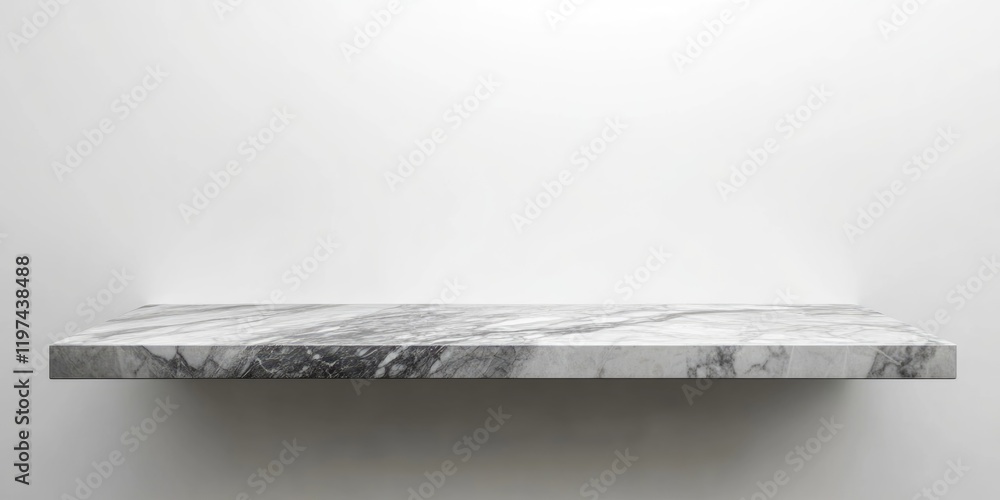 Poster marble shelf with gray and white veining on a plain white background with copy space for text placem