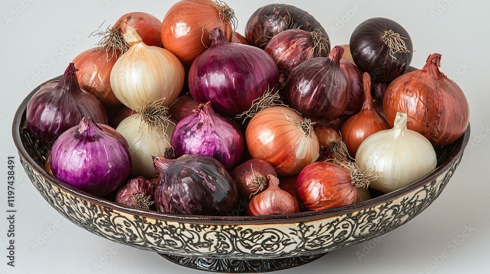 Poster Isolated of a collection of onions with various sizes and colors arranged artistically Stock Photo with side copy space