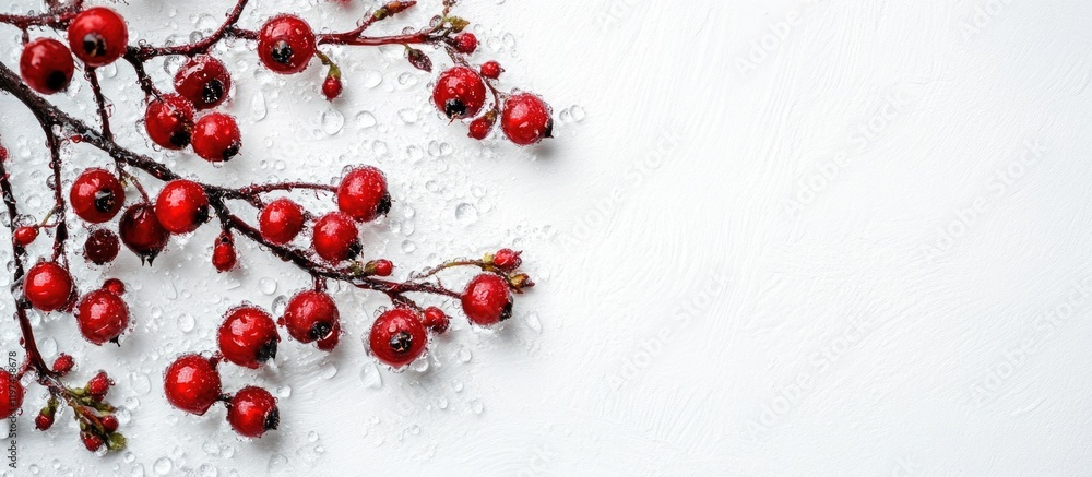 Poster Red berries on a branch with scattered snowflakes against a white background with ample Copy Space for text placement