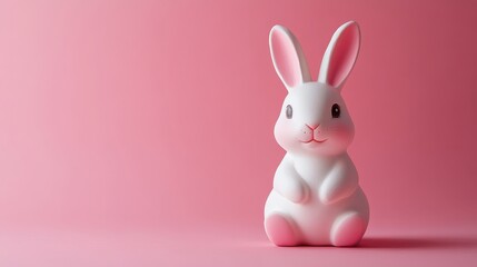 Obraz premium White rabbit sitting on a soft pink surface in bright lighting