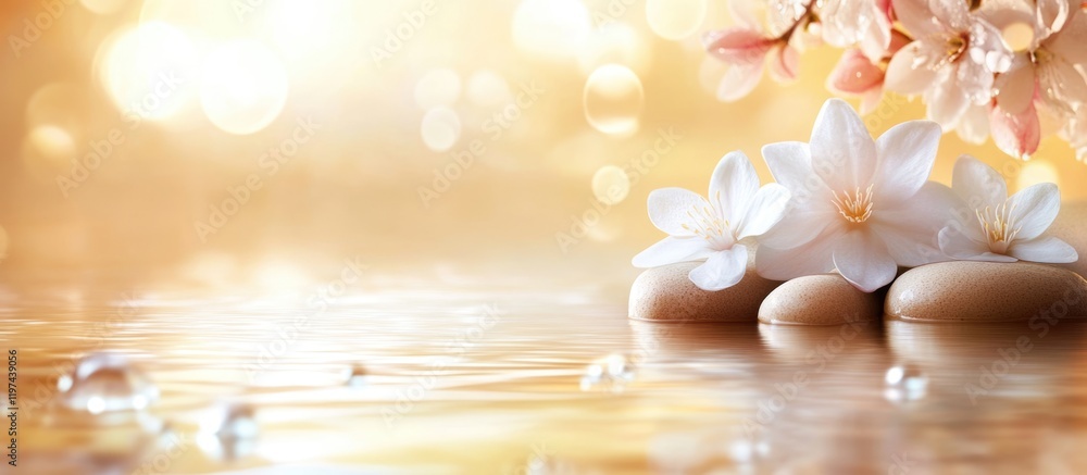 Poster delicate flowers and smooth pebbles resting on calm water surface with gentle light bokeh and copy s