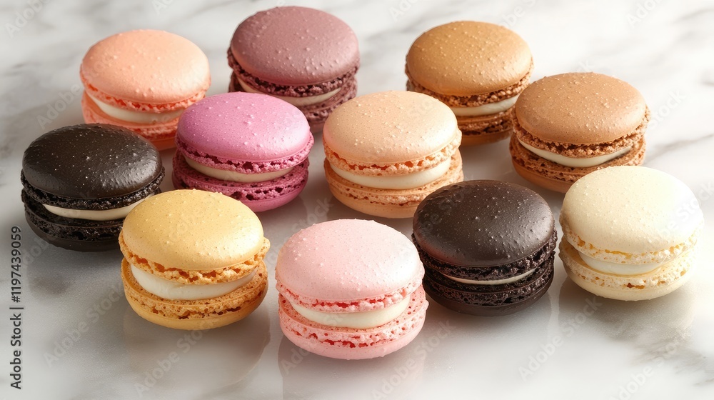 Poster assorted colorful macarons in various flavors arranged on a light pastel marble background with soft