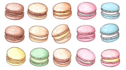 Fototapeta premium Colorful assortment of macarons arranged on a white background, featuring shades of pink, blue, green, yellow, and brown with various fillings.