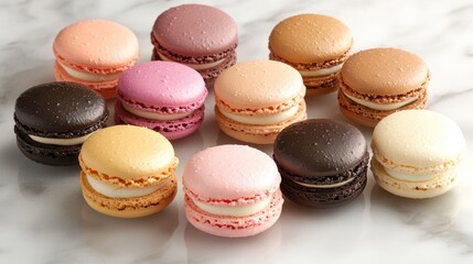 Fototapeta premium Assorted colorful macarons in various flavors arranged on a light pastel marble background with soft lighting and a focus on texture.