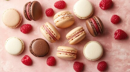 Flat lay of colorful macarons and fresh raspberries arranged on a pastel pink surface, highlighting various textures and colors.
