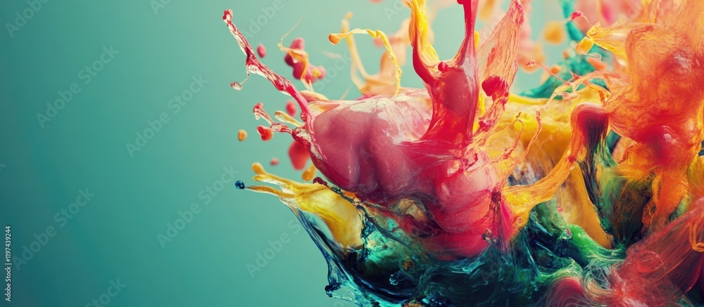 Poster colorful paint splashes with dynamic motion on a teal background with copy space for text.