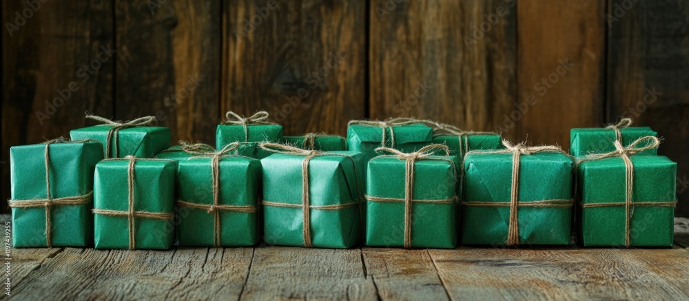Poster stacked green gift boxes wrapped in twine on a rustic wooden background with copy space for text