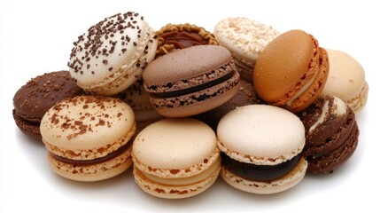 Assorted Colorful Macarons Piled on White Surface with Chocolate and Vanilla Flavors in Various Shades and Textures