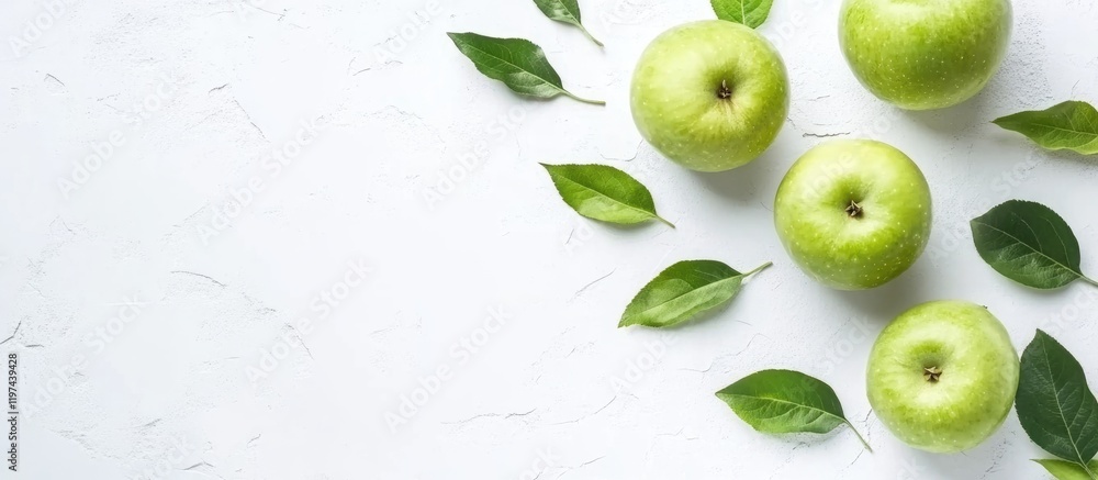 Aufkleber green apples with fresh leaves arranged on a light background with ample copy space for text placeme