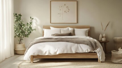 A minimalist bedroom featuring neutral tones, a wooden bed frame, and cozy textiles for a relaxing vibe.