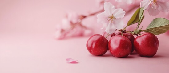Cherry blossoms branches with red cherries on pink background with copy space