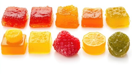 Assorted Colorful Marmalade Varieties on a White Background Featuring Red Yellow Green and Orange Gel Cubes