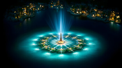 21. A post-gravity world where floating cities built on fragmented land masses orbit around an enormous pulsating energy source, with intricate light patterns reflecting the concept of unity 