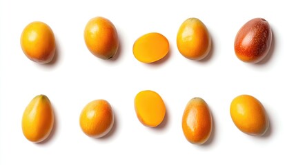 Assorted ripe mangoes in various shades of orange and yellow isolated on white background overhead view with light shadows.