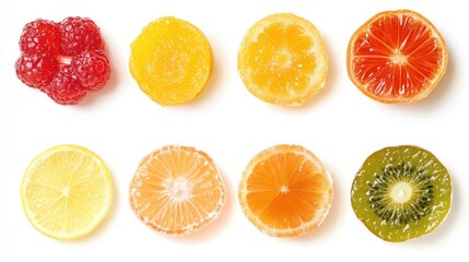 Obraz premium Colorful Fruit Marmalade Slices Displayed on a Clean White Surface, Featuring Raspberry, Citrus, Lemon, and Kiwi Variants Atop Each Other