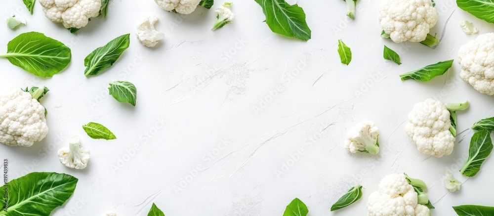 Poster fresh cauliflower florets and basil leaves arranged on a white background with ample copy space for 