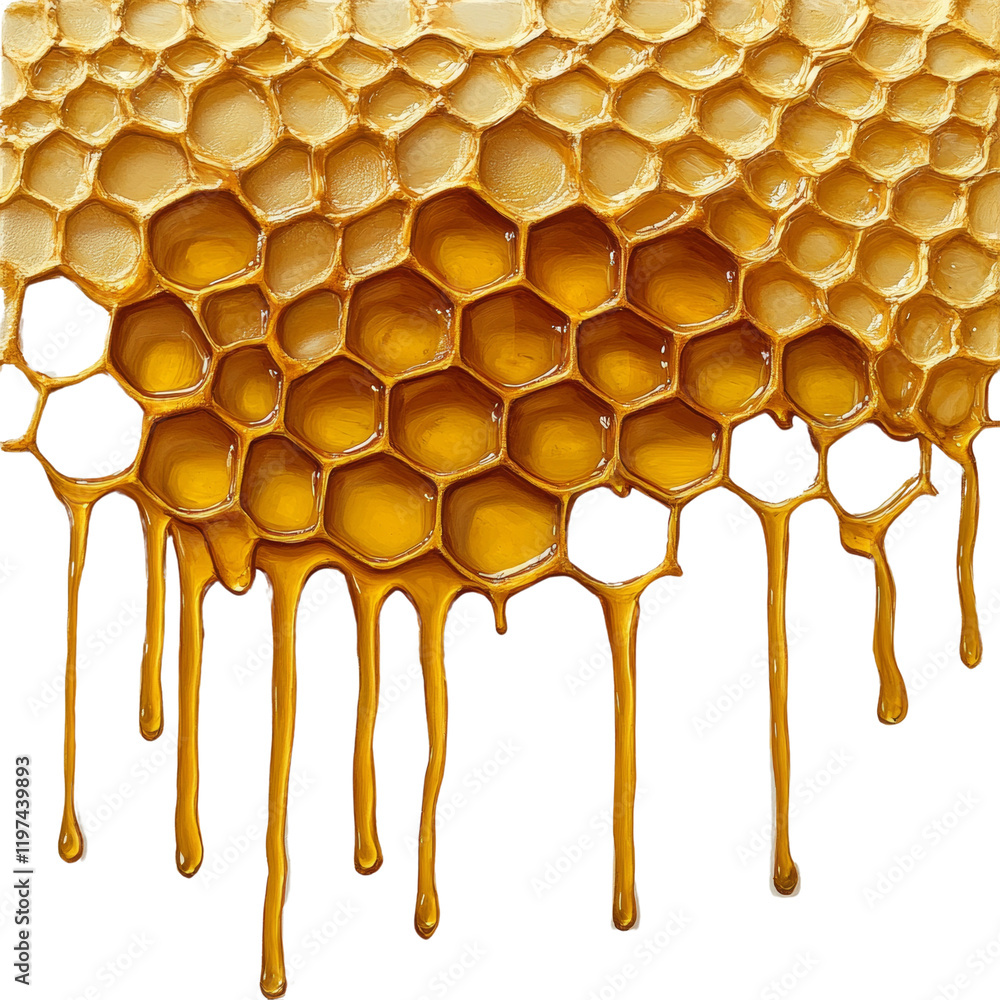 Poster a close-up image shows golden honey dripping from a honeycomb, showcasing its rich texture and visco