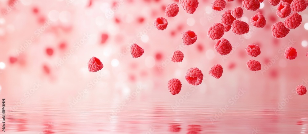 Poster red raspberries floating in water with a soft pink background and bokeh effects featuring ample copy