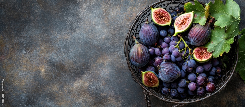 Poster assorted ripe figs and grapes in a basket on textured dark background with copy space for text