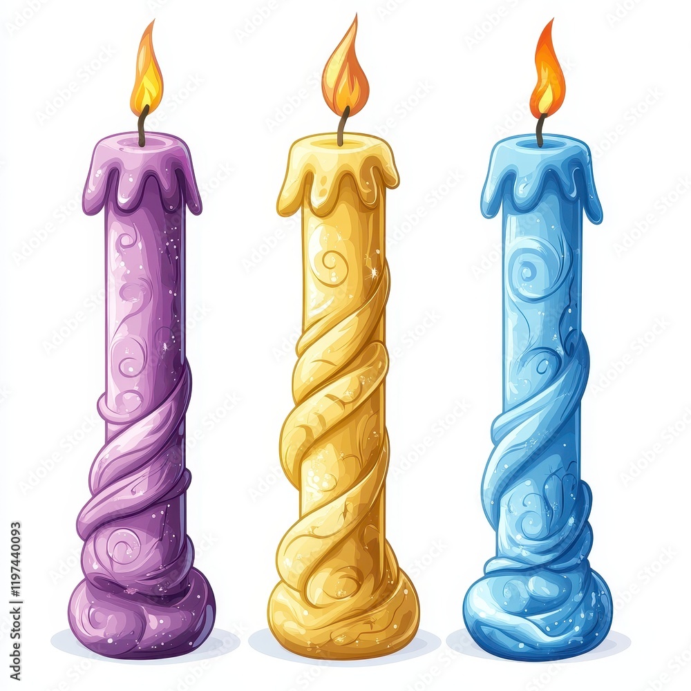 Poster three colorful candles in various shapes and sizes on a surface