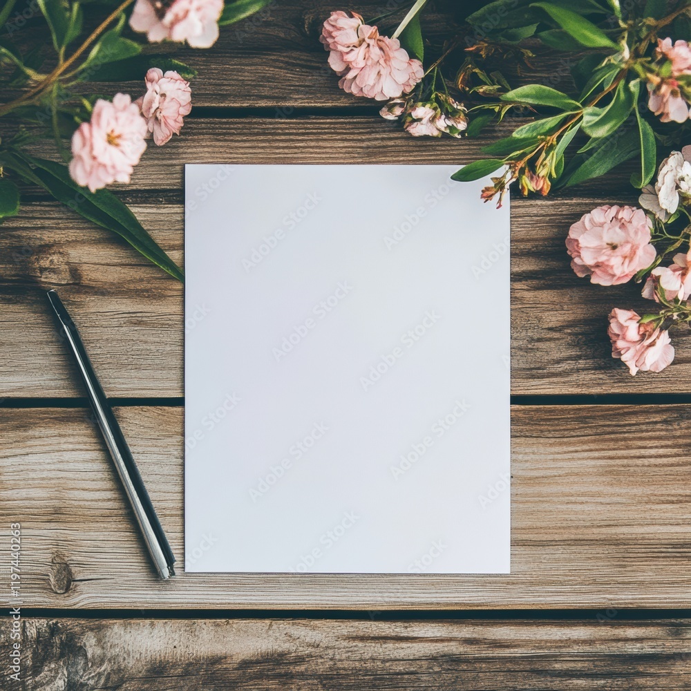 Aufkleber blank sheet of paper and pen surrounded by flowers on wooden surface for creative writing or note ta