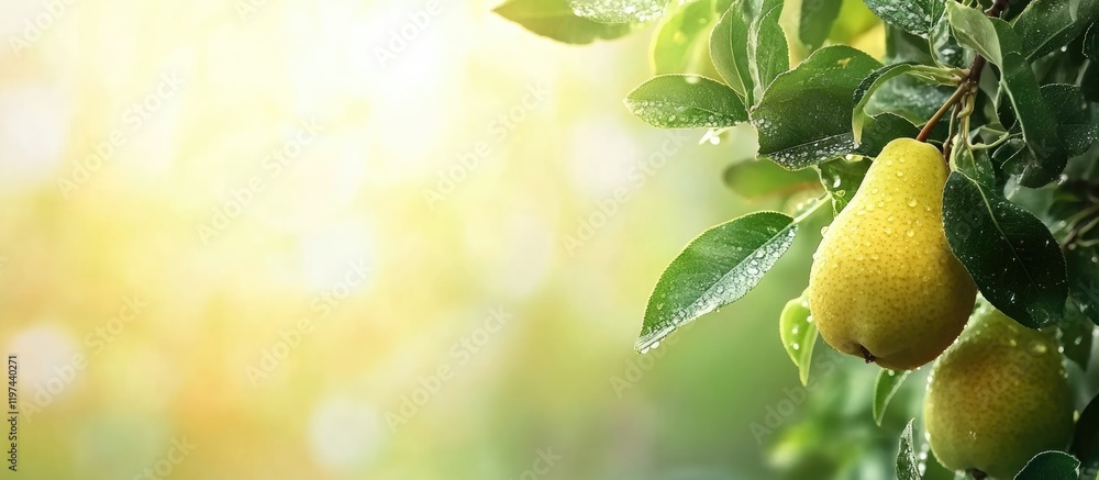 Poster fresh ripe pears hanging on a tree branch with sunlight filtering through green leaves and a soft bo