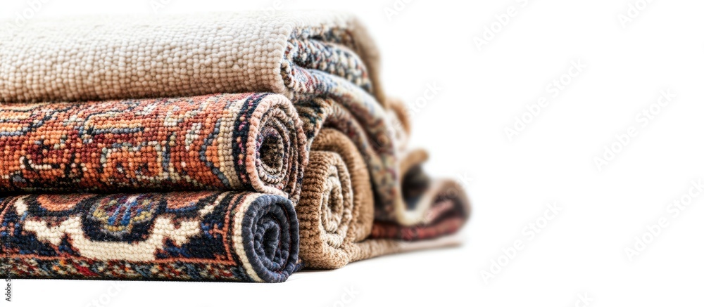 Aufkleber rolled area rugs in neutral tones stacked on a white background with copy space for text or graphics