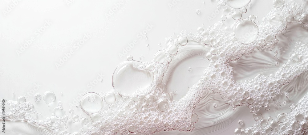 Poster bubbles and foam on white background with water droplets and copy space for text