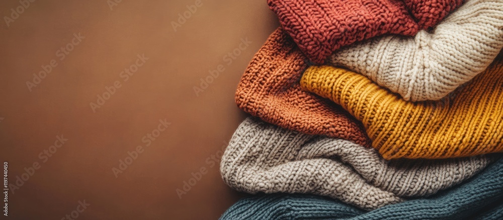 Poster colorful knitted sweaters stacked neatly on a textured brown surface with copy space for text.