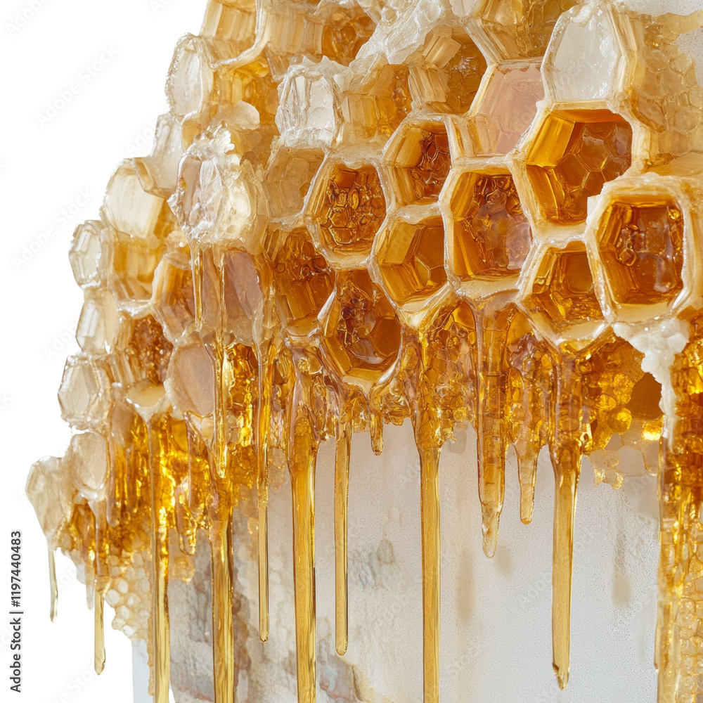 Poster a close-up image showcasing a honeycomb filled with honey, dripping down onto a light surface.