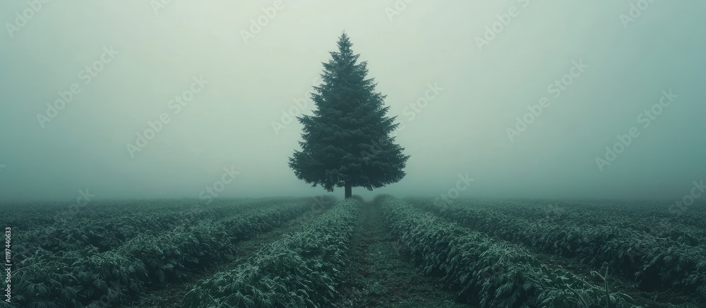 Poster lonely evergreen tree in foggy field with rows of crops copy space for text placement