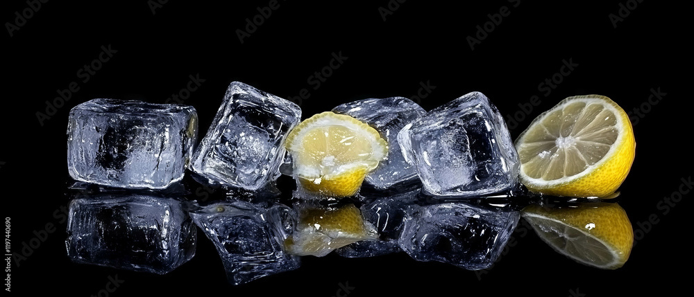 Poster refreshing drink with ice and lemon slices isolated on black background