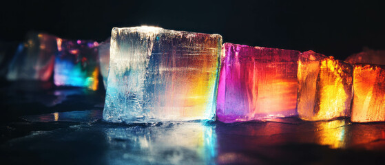 Colorful ice prisms capturing light in stunning refraction against a dark background