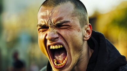 Young man shouting intensely outdoors daylight.Aggressive expression captured public setting.Emotional outburst urban environment.Tension and passion clearly visible.Anger frustration articulated