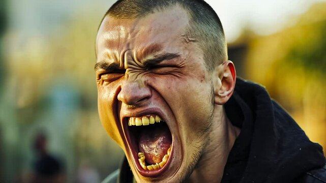 Young man shouting intensely outdoors daylight.Aggressive expression captured public setting.Emotional outburst urban environment.Tension and passion clearly visible.Anger frustration articulated