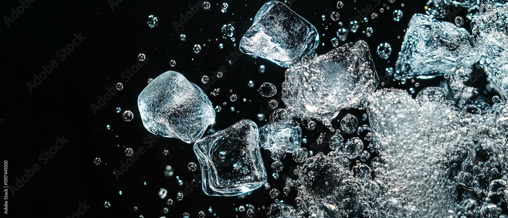 Poster refreshing drink with ice and fizzing bubbles against a black background