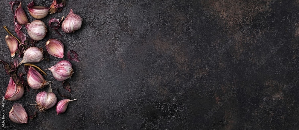Poster fresh garlic cloves scattered on dark stone surface with ample copy space for text placement