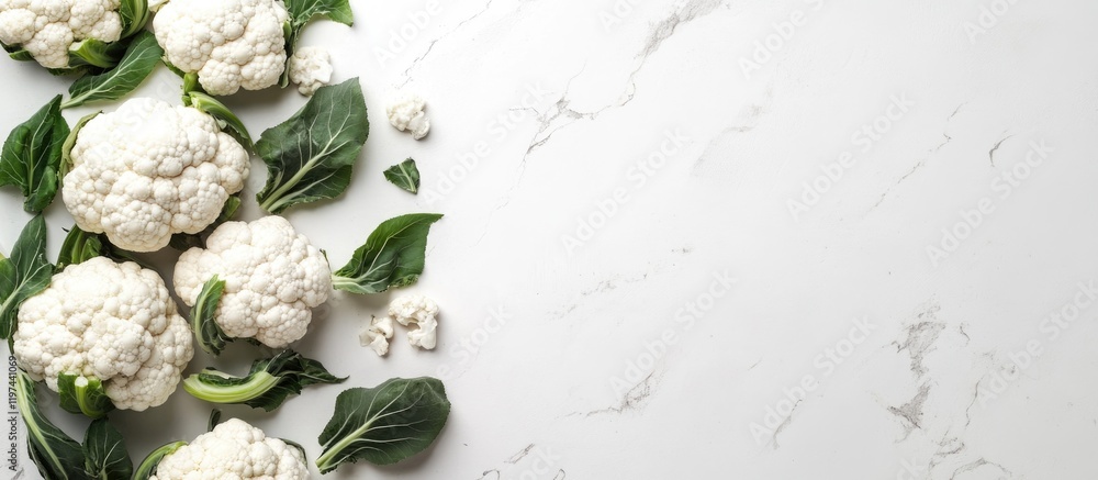 Poster fresh cauliflower on a marble surface with green leaves and copy space for text placement.