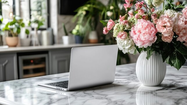 A marble table with a vase of fresh flowers and a laptop in a modern home office